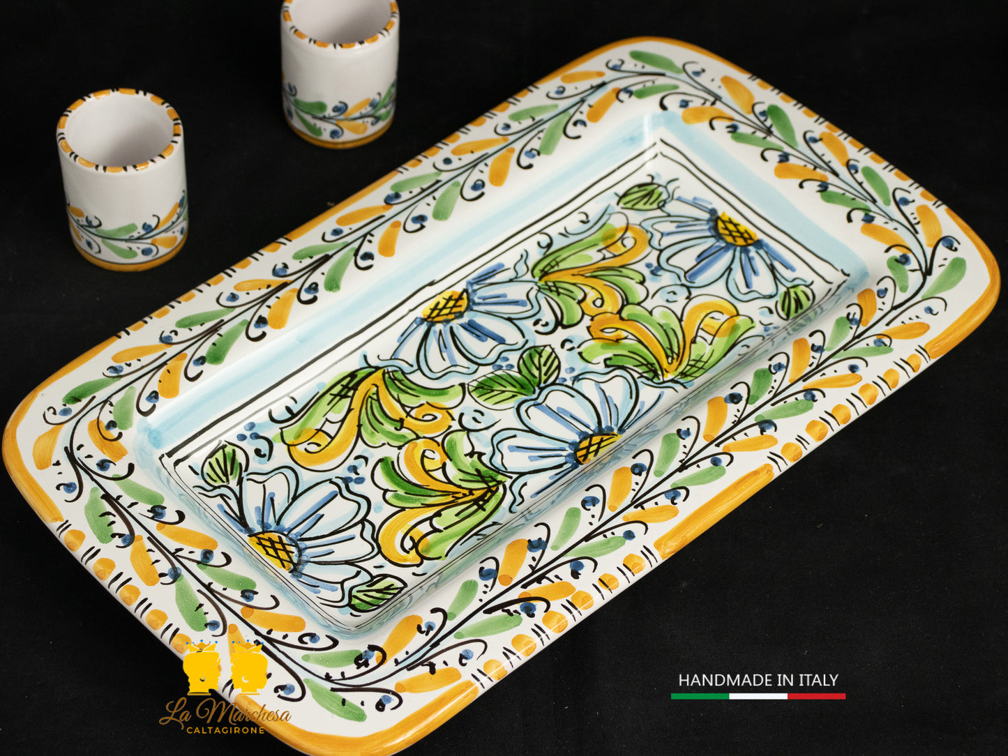 Set Antipastiera Ceramica di Caltagirone ciotoline e bicchieri con vassoio 33cm