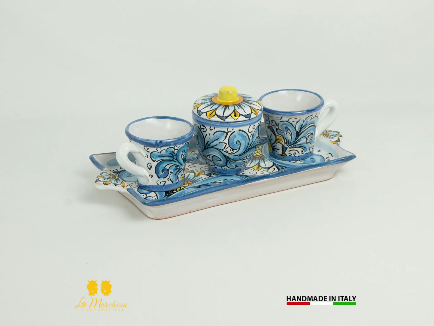 Set tazzine da caffè in Ceramica di Caltagirone ornato vassoio