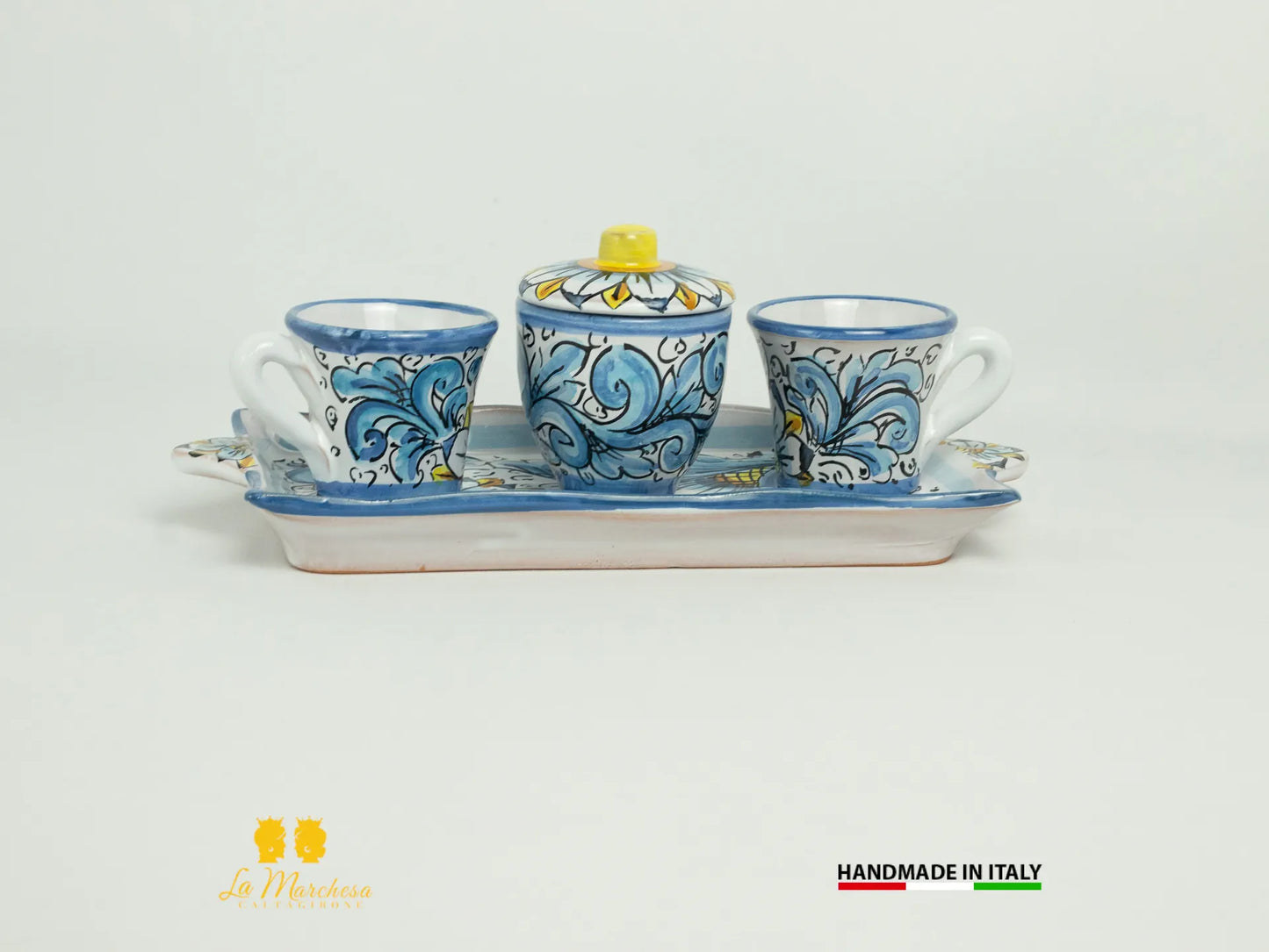 Set tazzine da caffè in Ceramica di Caltagirone ornato vassoio