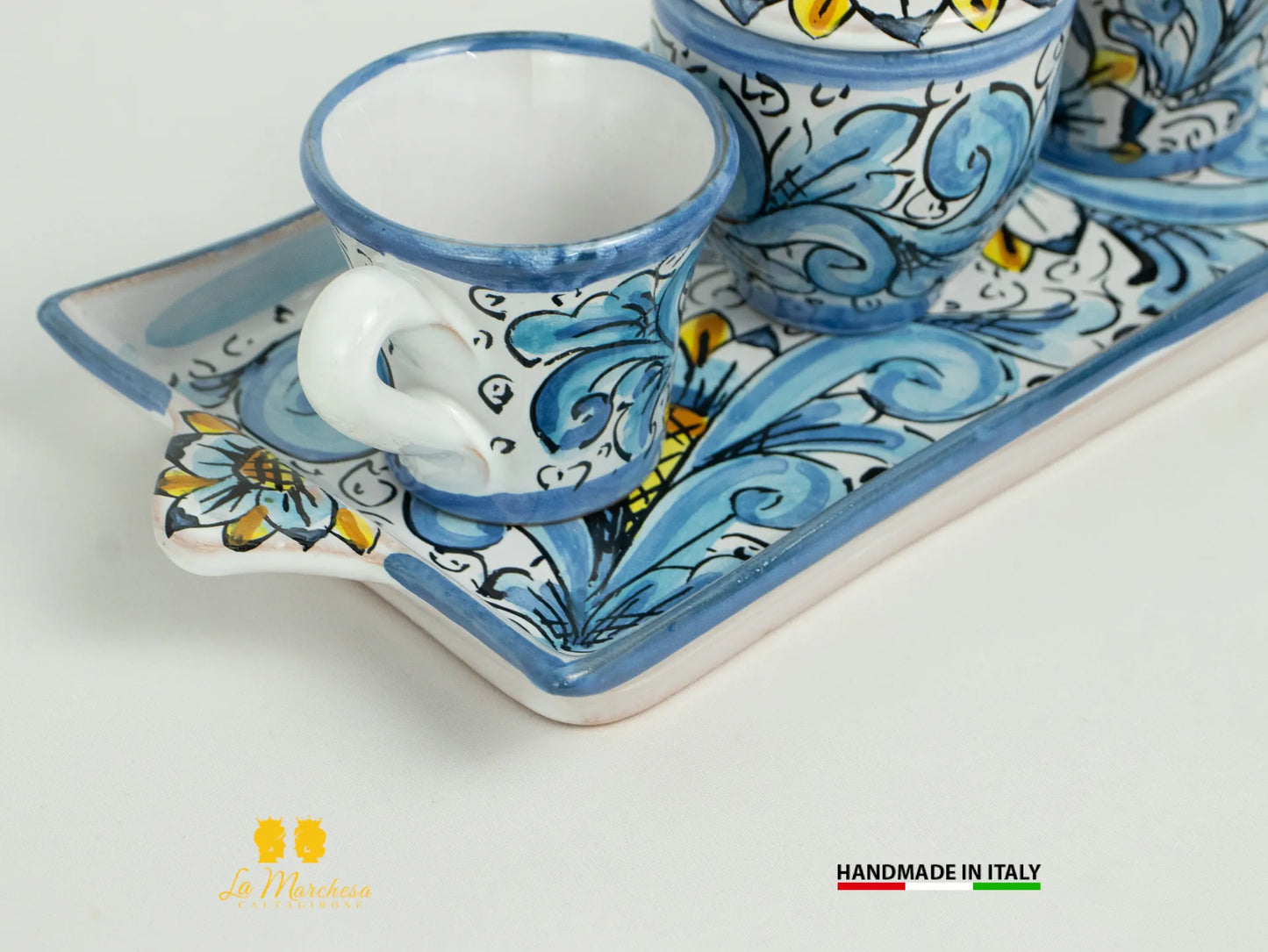 Set tazzine da caffè in Ceramica di Caltagirone ornato vassoio