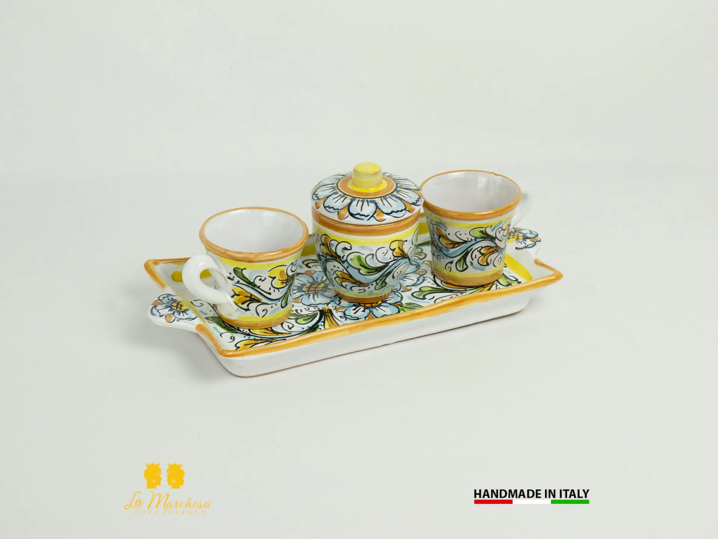 Set tazzine da caffè in Ceramica di Caltagirone ornato vassoio