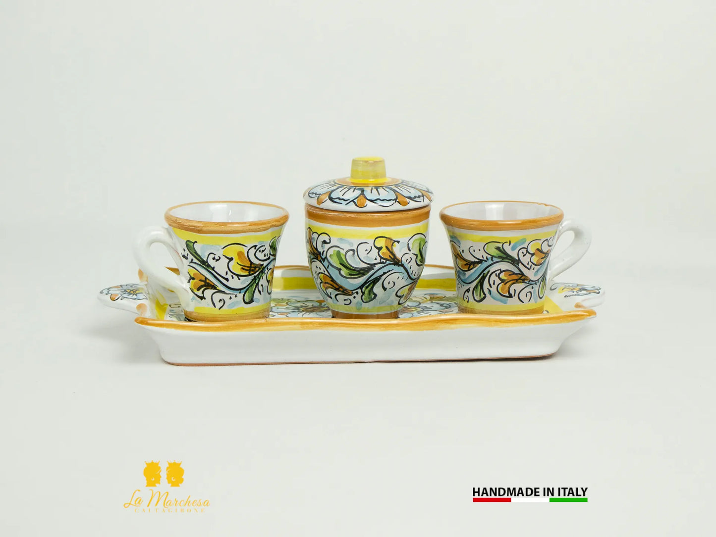 Set tazzine da caffè in Ceramica di Caltagirone ornato vassoio