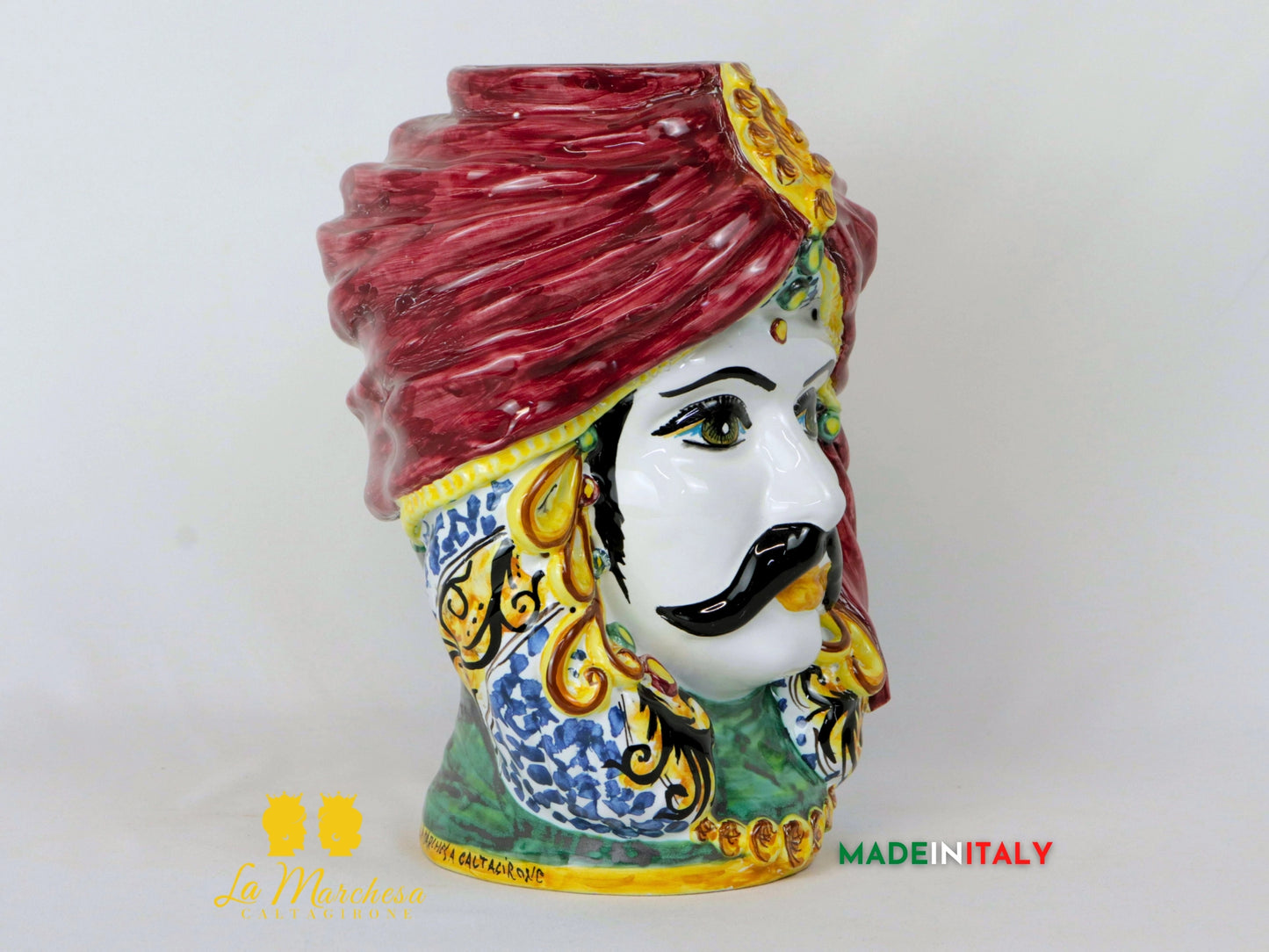 Testa di Moro uomo in Ceramica di Caltagirone turbante bordeaux spilla 26cm (4)