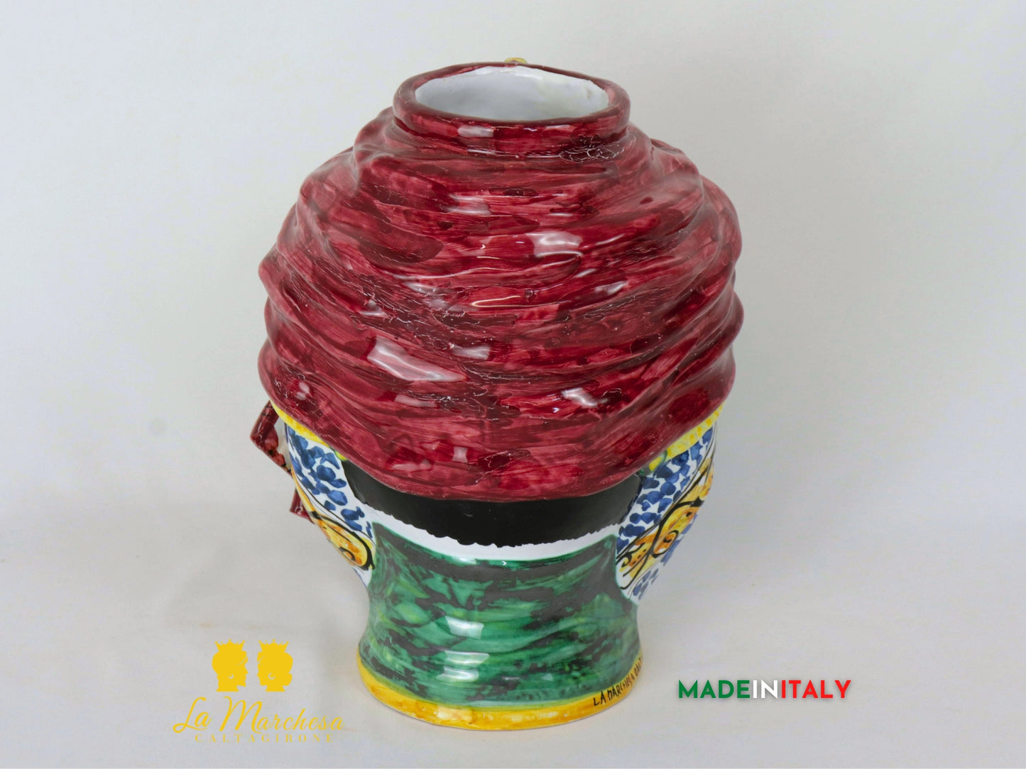 Testa di Moro uomo in Ceramica di Caltagirone turbante bordeaux spilla 26cm (4)