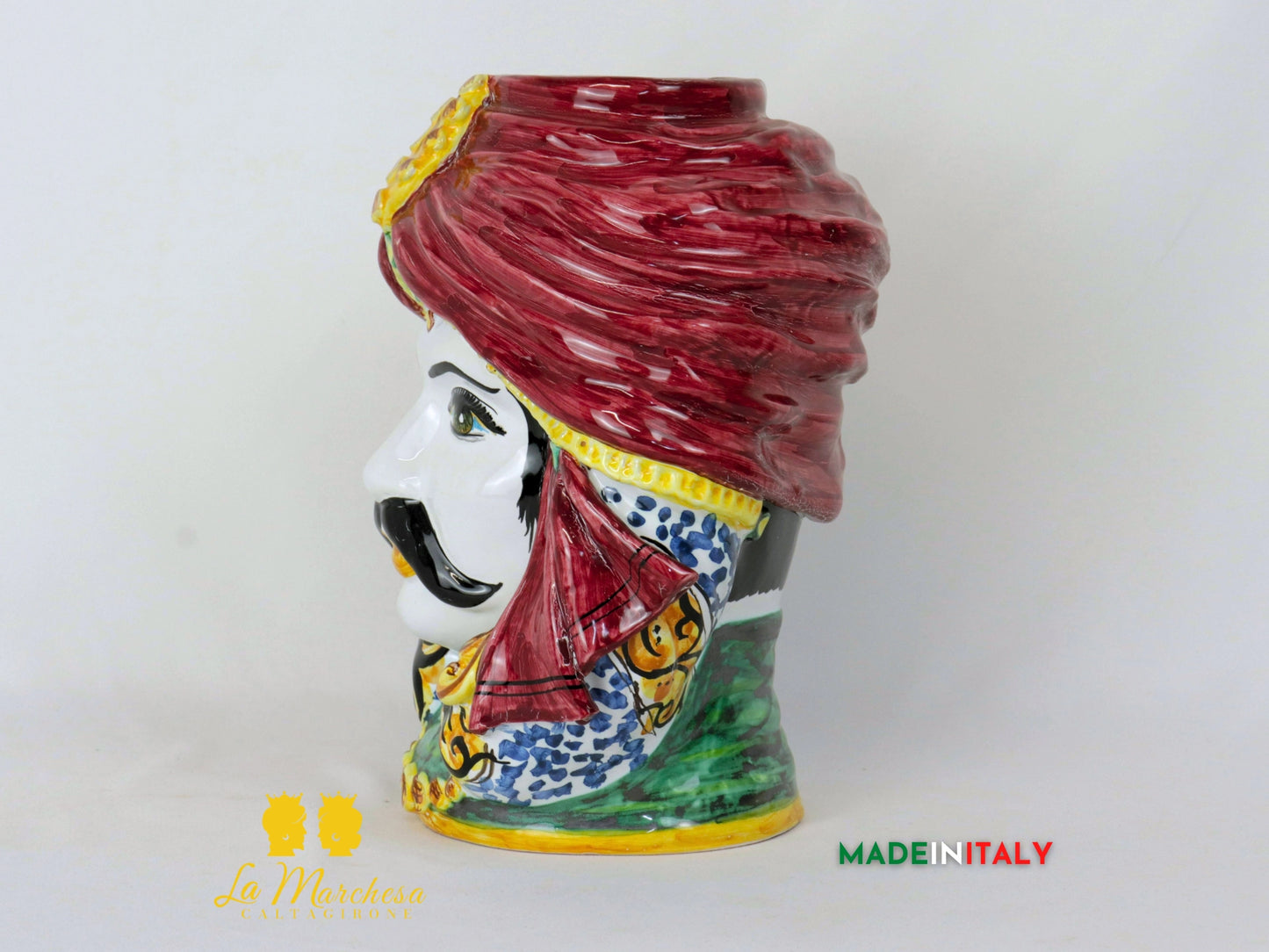 Testa di Moro uomo in Ceramica di Caltagirone turbante bordeaux spilla 26cm (4)