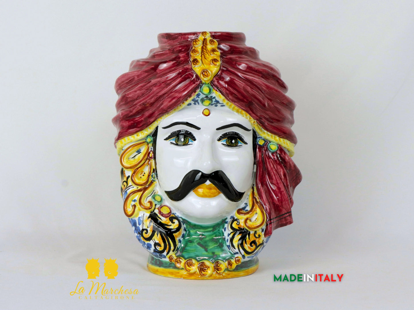 Testa di Moro uomo in Ceramica di Caltagirone turbante bordeaux spilla 26cm