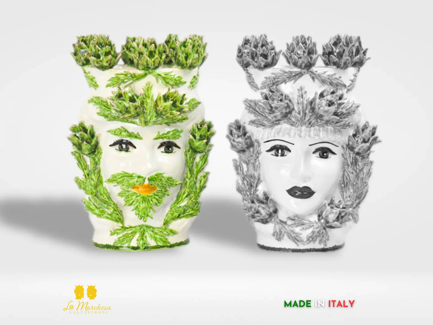 Teste di Moro Siciliane Carciofi in Ceramica di Caltagirone Bianche 39cm