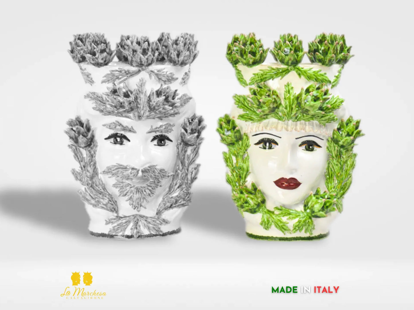Teste di Moro Siciliane Carciofi in Ceramica di Caltagirone Bianche 39cm