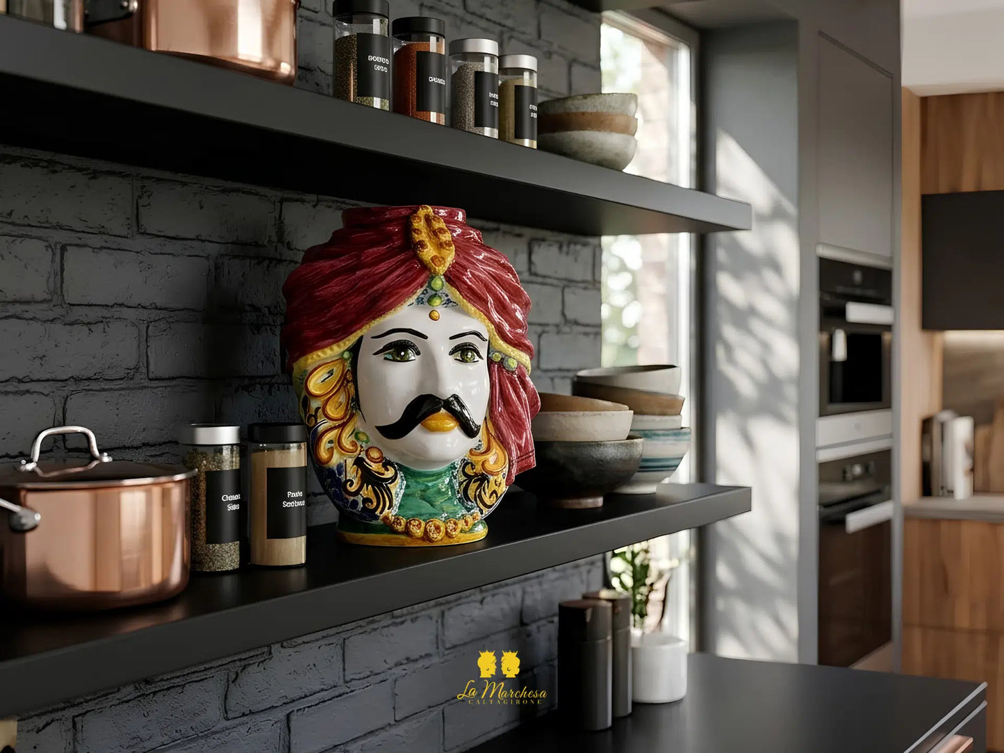 Testa di Moro Uomo in Ceramica di Caltagirone Turbante Bordeaux 26cm