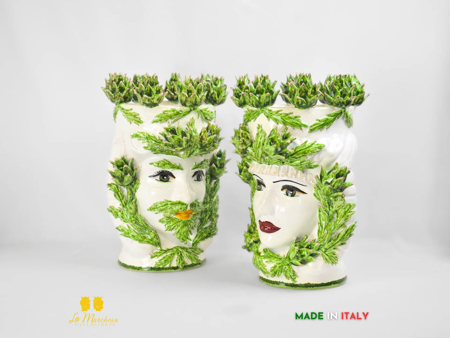 Testa di Moro Siciliane Carciofi in Ceramica di Caltagirone Bianche 39cm