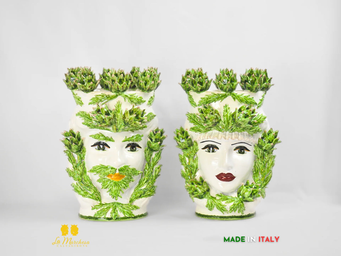 Testa di Moro Siciliane Carciofi in Ceramica di Caltagirone Bianche 39cm