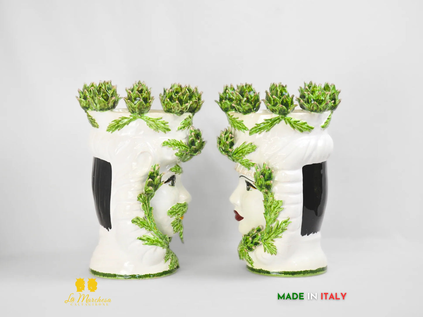 Testa di Moro Siciliane Carciofi in Ceramica di Caltagirone Bianche 39cm