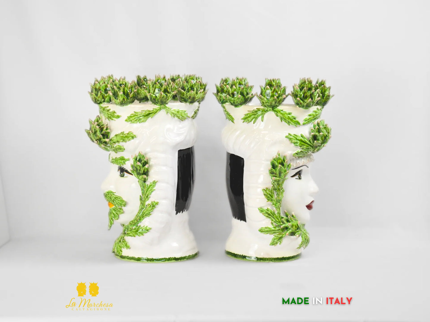 Testa di Moro Siciliane Carciofi in Ceramica di Caltagirone Bianche 39cm