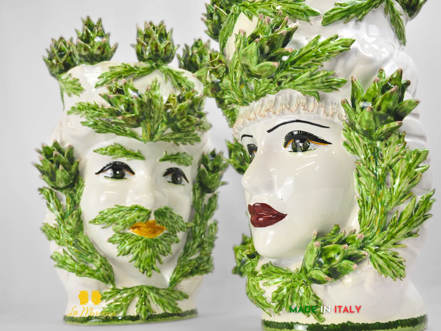 Testa di Moro Siciliane Carciofi in Ceramica di Caltagirone Bianche 39cm