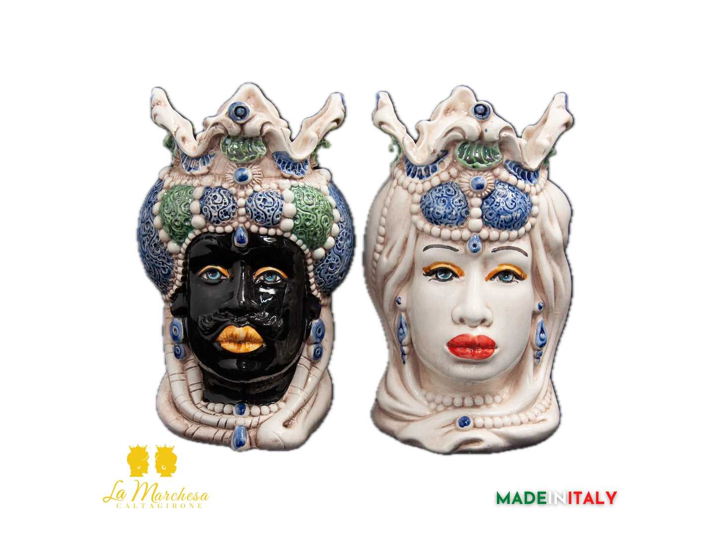 Coppia di Teste di Moro Ceramica di Caltagirone barocco verde blu fumè - Varie Misure