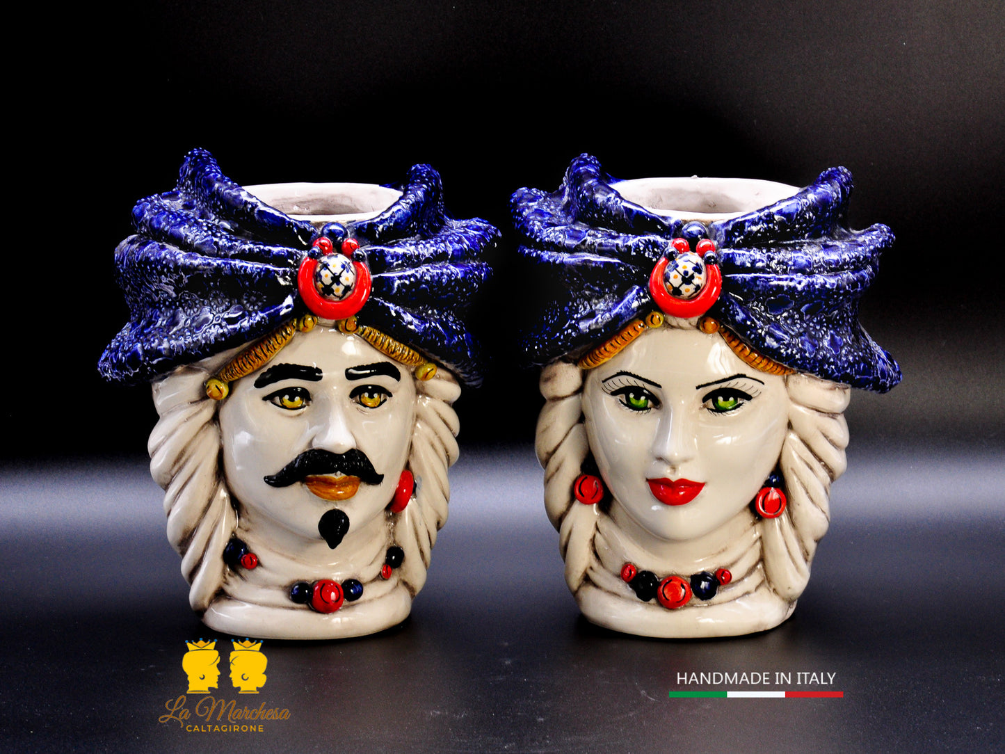 Teste di Moro Ceramica di Caltagirone turbante blu cobalto fumè 25cm