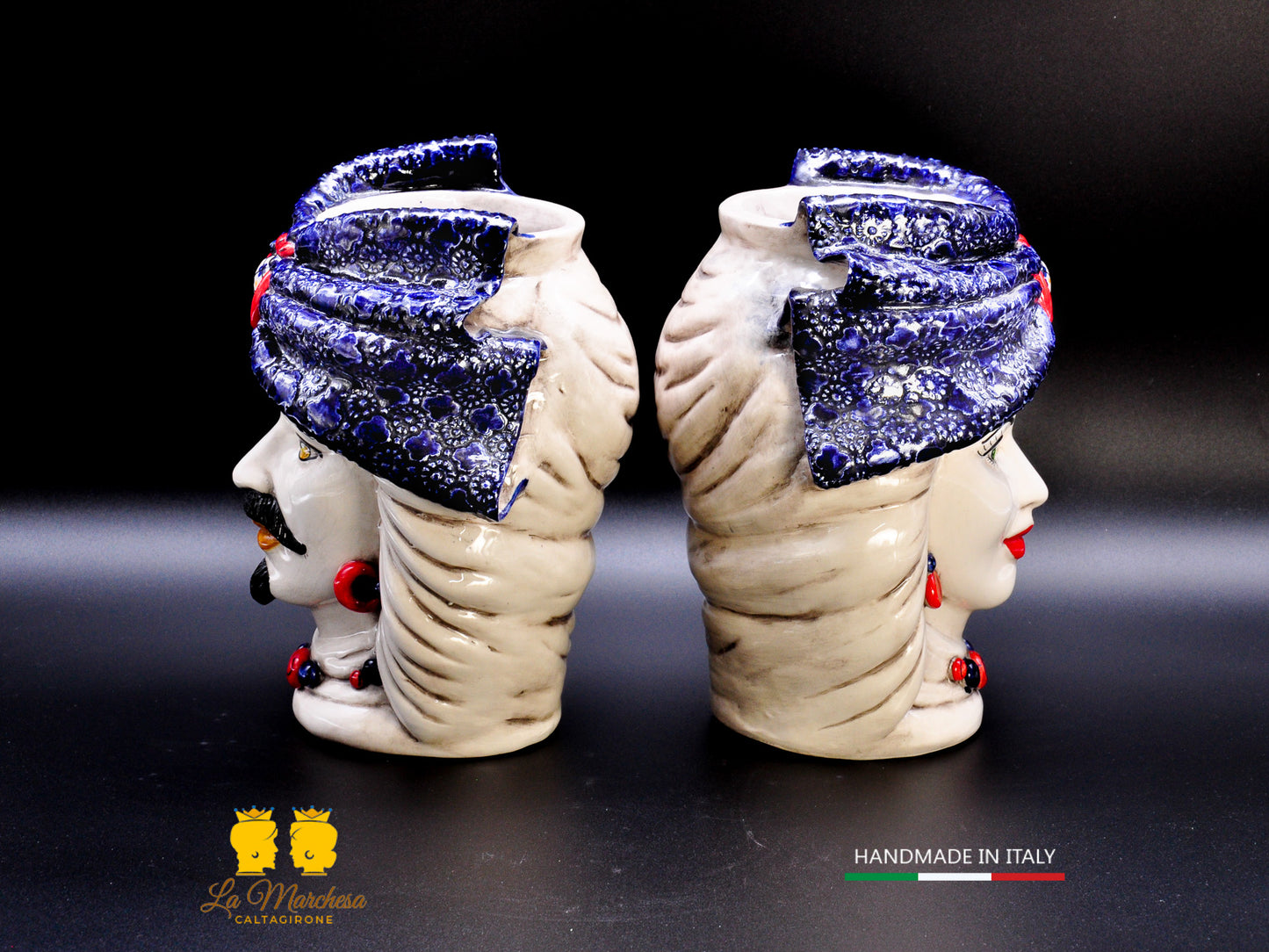 Teste di Moro Ceramica di Caltagirone turbante blu cobalto fumè 25cm
