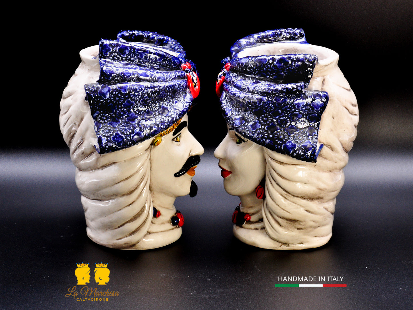 Teste di Moro Ceramica di Caltagirone turbante blu cobalto fumè 25cm