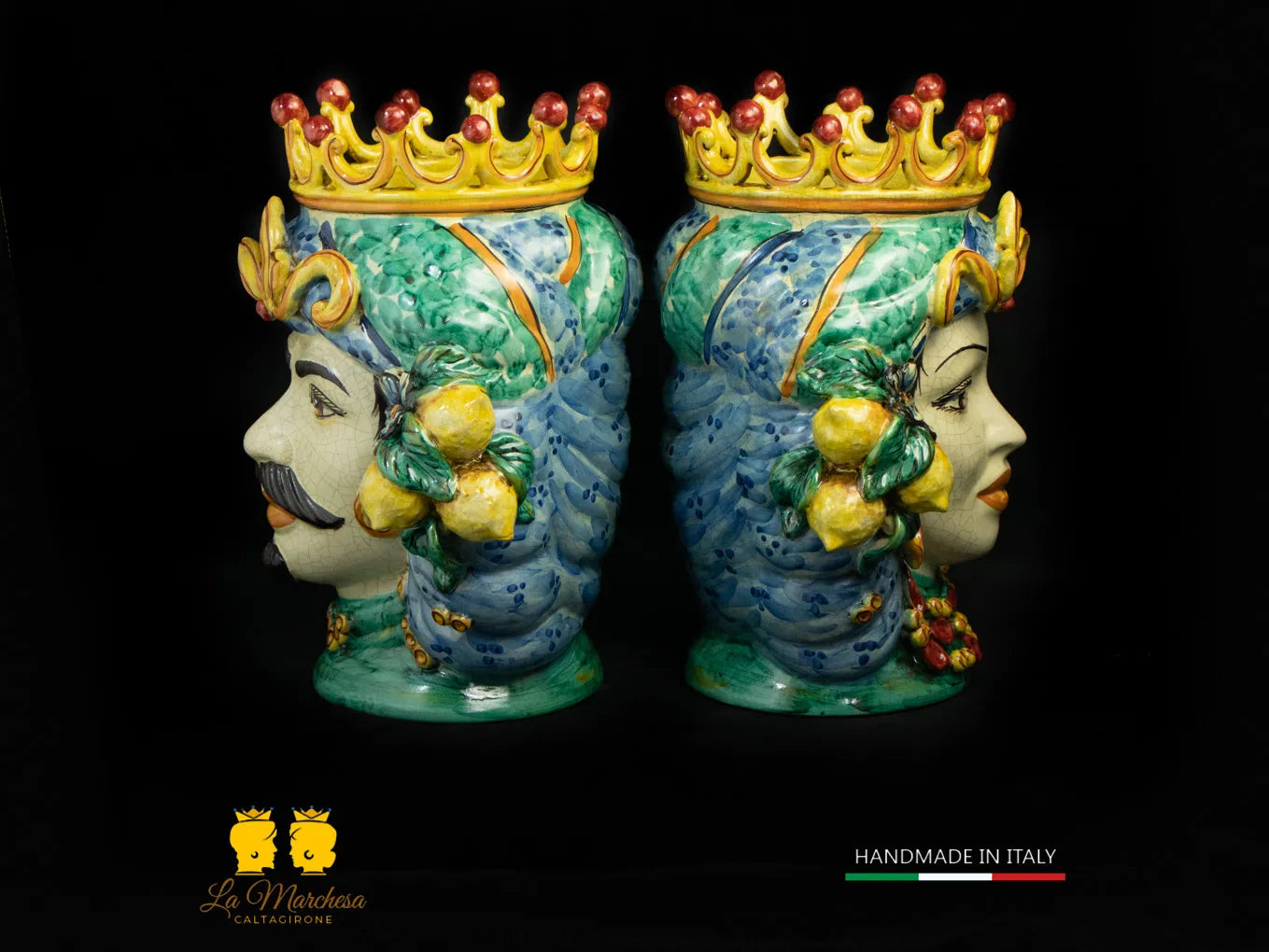 Teste di Moro in Ceramica di Caltagirone celeste frutta 35cm