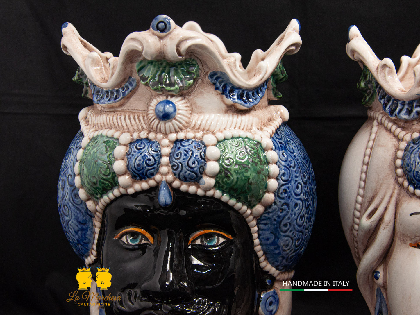Teste di Moro Ceramica di Caltagirone barocco verde blu fumè 28cm