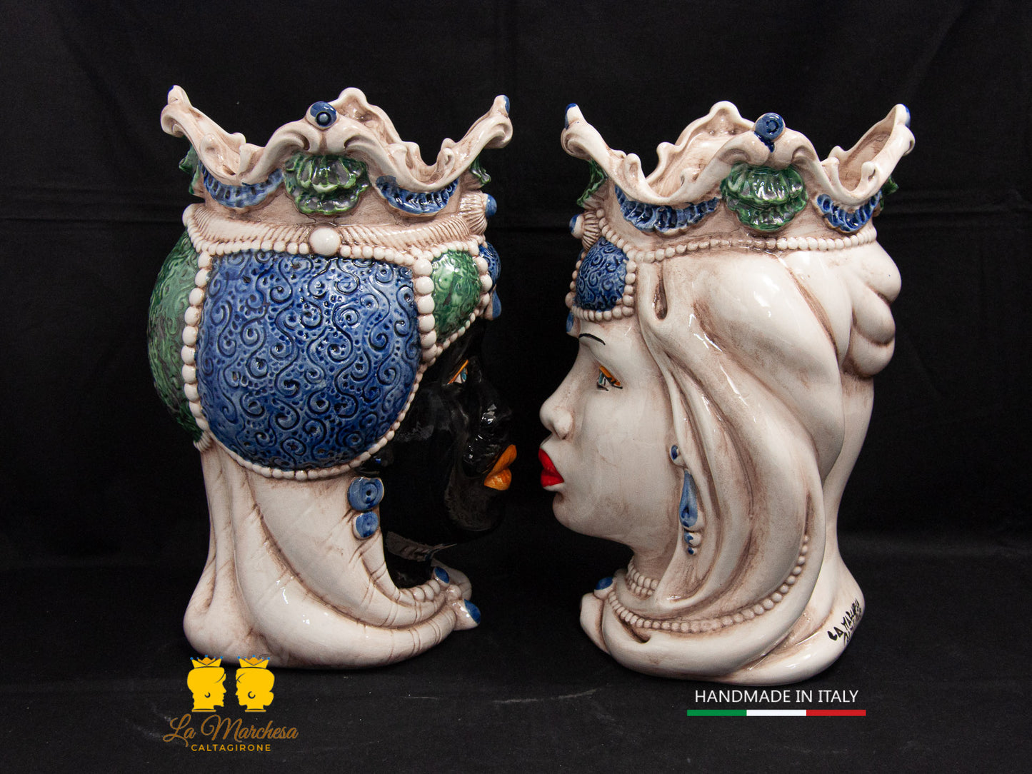 Teste di Moro Ceramica di Caltagirone barocco verde blu fumè 28cm