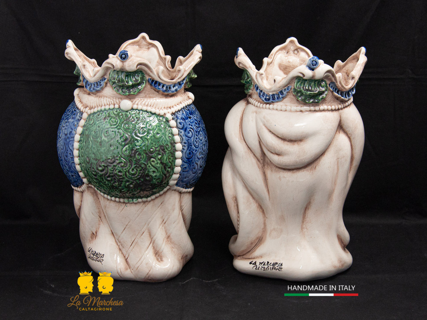 Teste di Moro Ceramica di Caltagirone barocco verde blu fumè 28cm