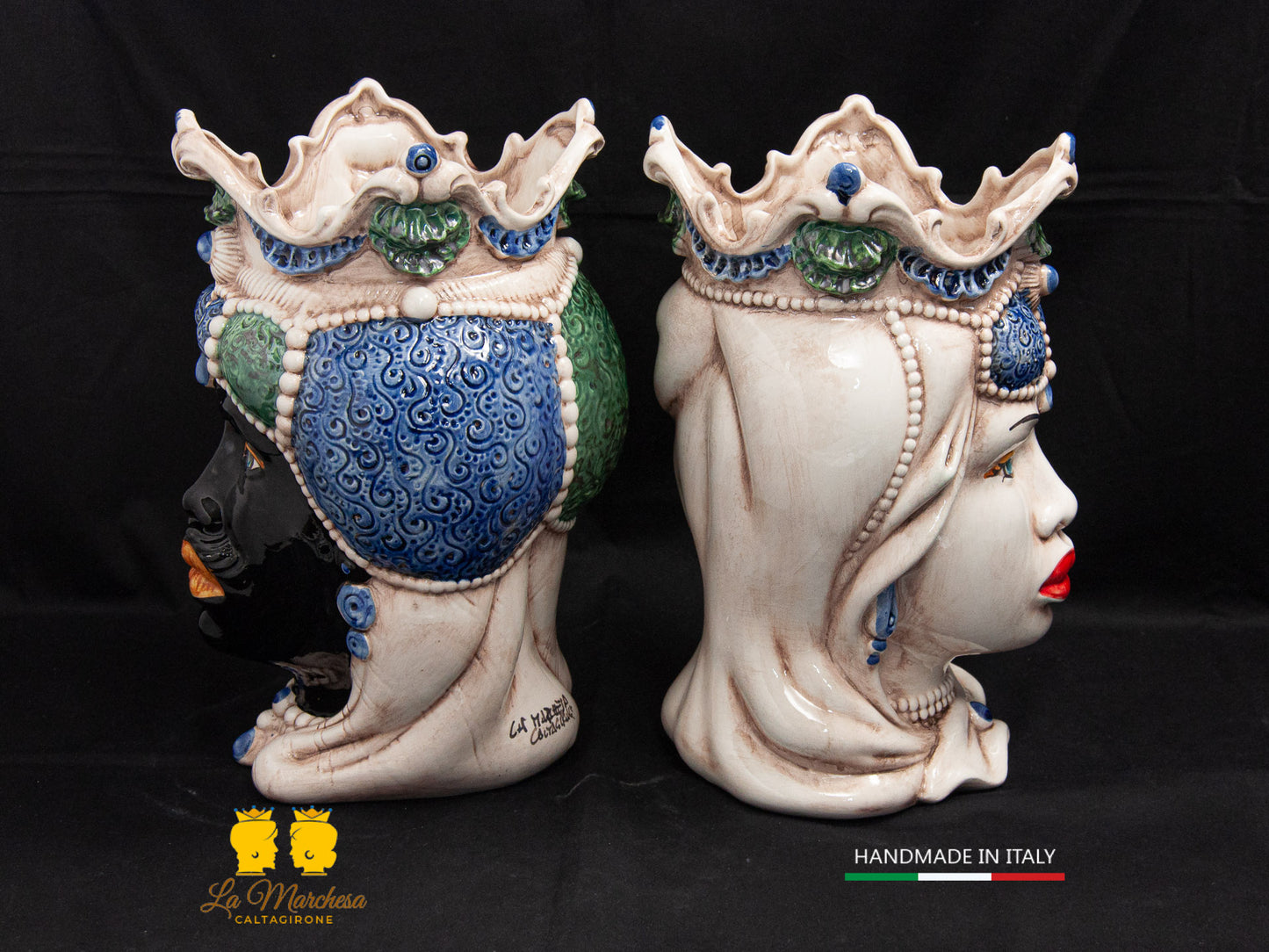 Teste di Moro Ceramica di Caltagirone barocco verde blu fumè 28cm