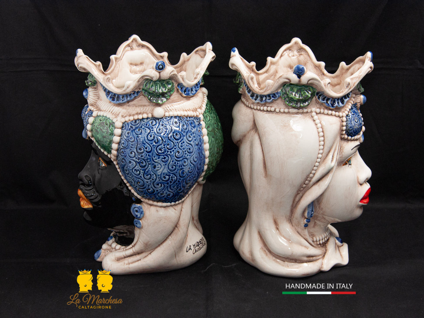 Teste di Moro Ceramica di Caltagirone barocco verde blu fumè 28cm