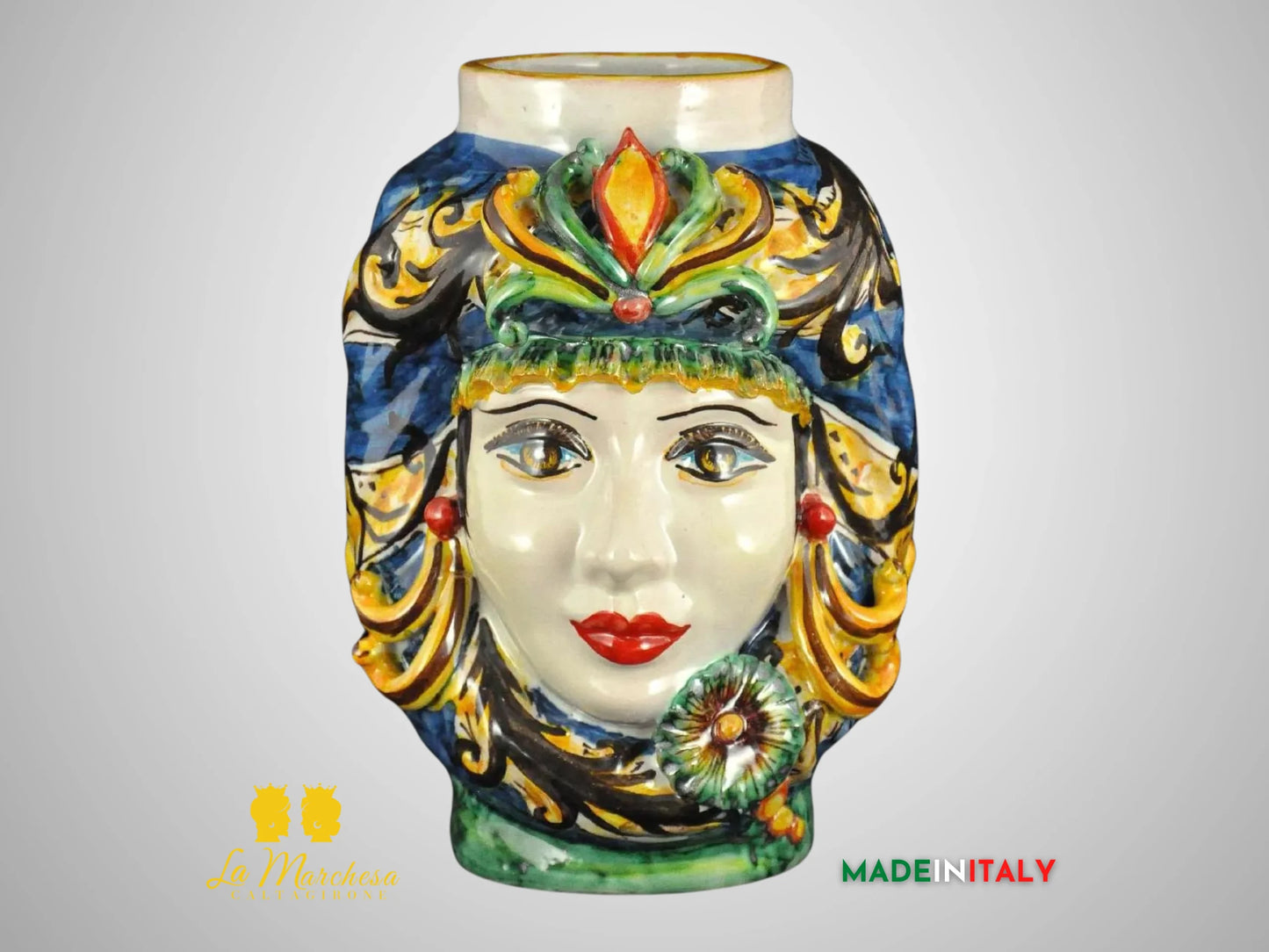 Teste di Moro Doppia Faccia in Ceramica di Caltagirone - Senza Corona Blu Antico (4)