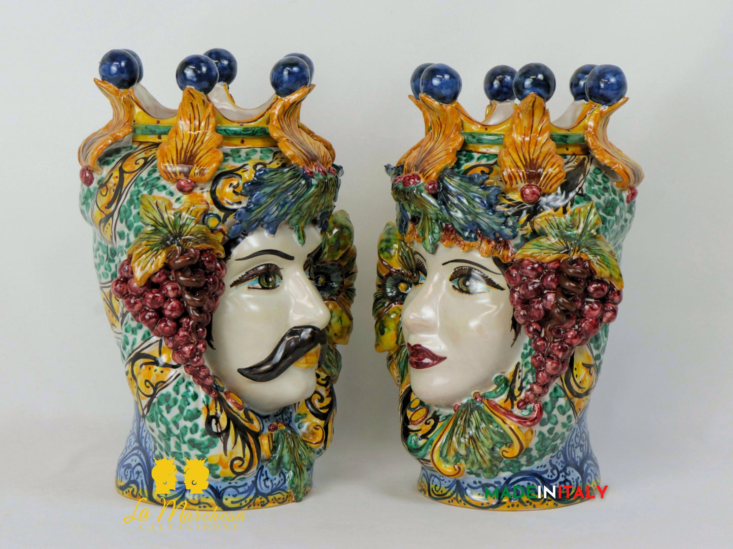 Teste di Moro Taormina Foglie in Ceramica di Caltagirone 29cm - Foglie e Frutta Bianco