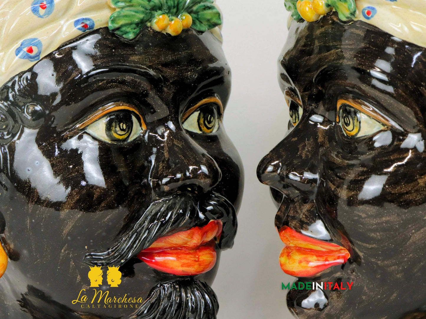 Teste di Moro ceramica di Caltagirone con turbante nere 30cm (2)