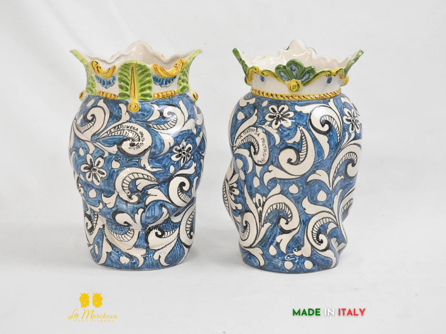 Teste di Moro in Ceramica di Caltagirone Afro Ornato Blu antico 26cm