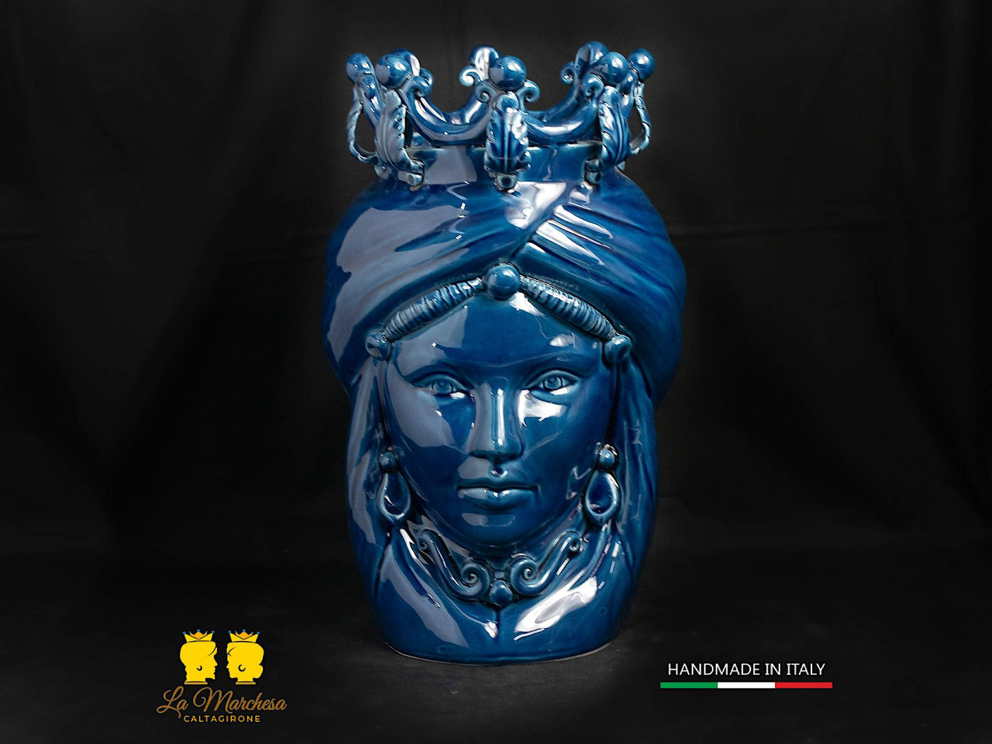 Testa di Moro Ceramica di Caltagirone Donna blu cobalto 36cm