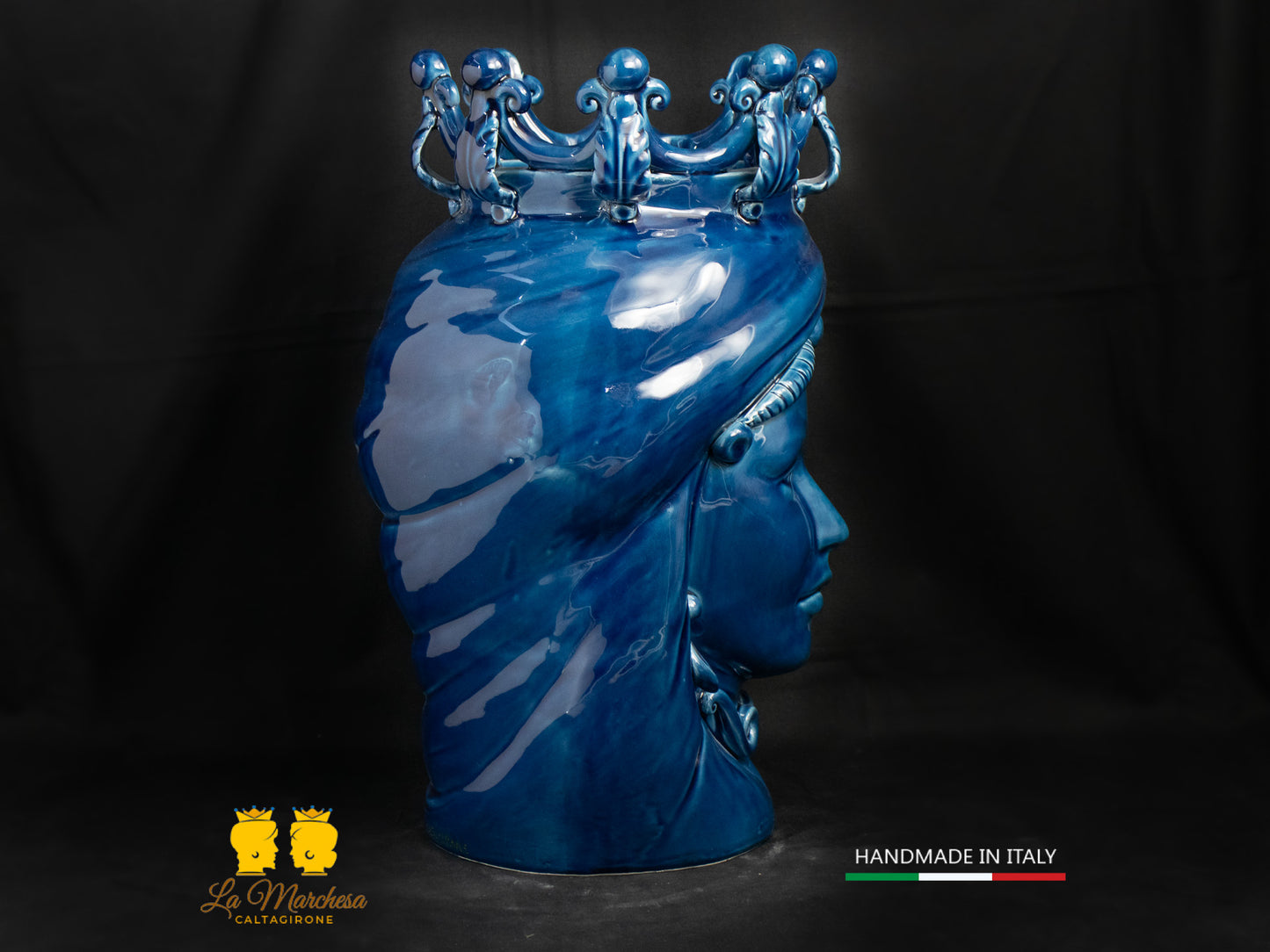 Testa di Moro Ceramica di Caltagirone Donna blu cobalto 36cm