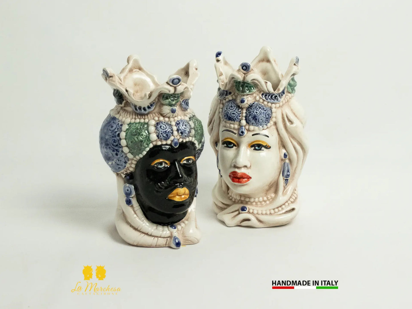 Coppia di Teste di Moro Ceramica di Caltagirone barocco verde blu fumè - Varie Misure