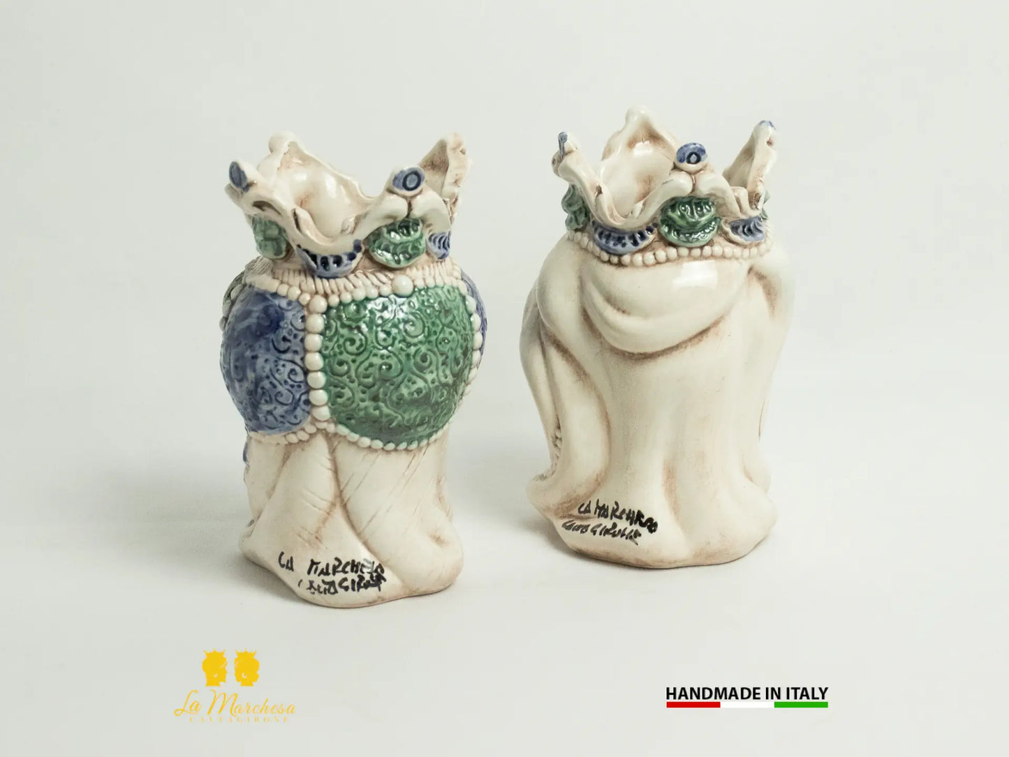Coppia di Teste di Moro Ceramica di Caltagirone barocco verde blu fumè - Varie Misure