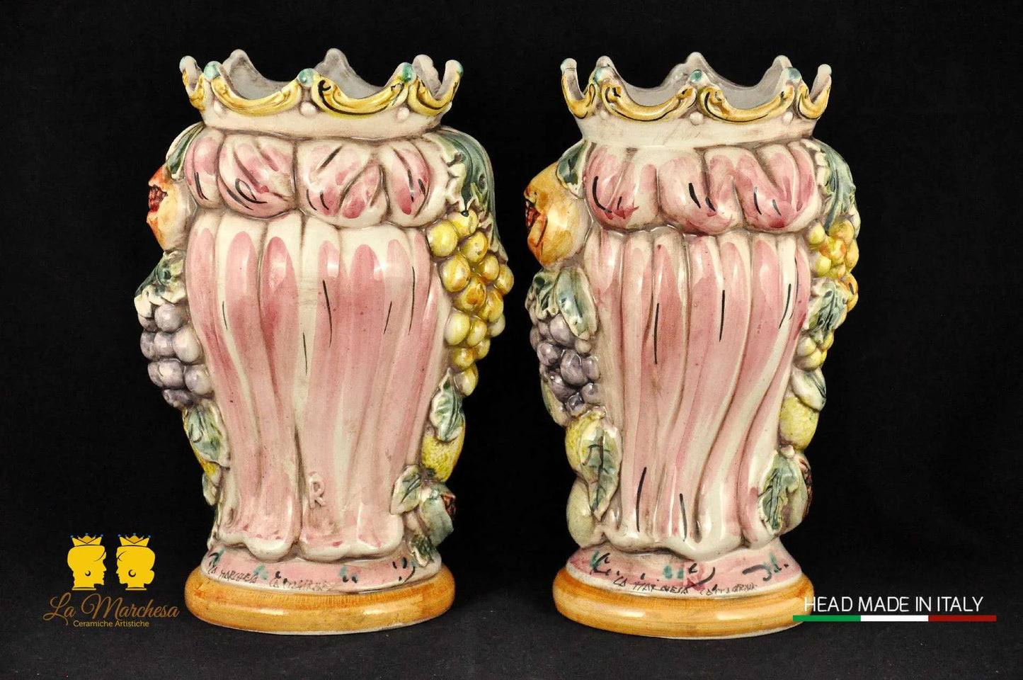 Teste di Moro in ceramica di Caltagirone Corona e frutta fumè h27
