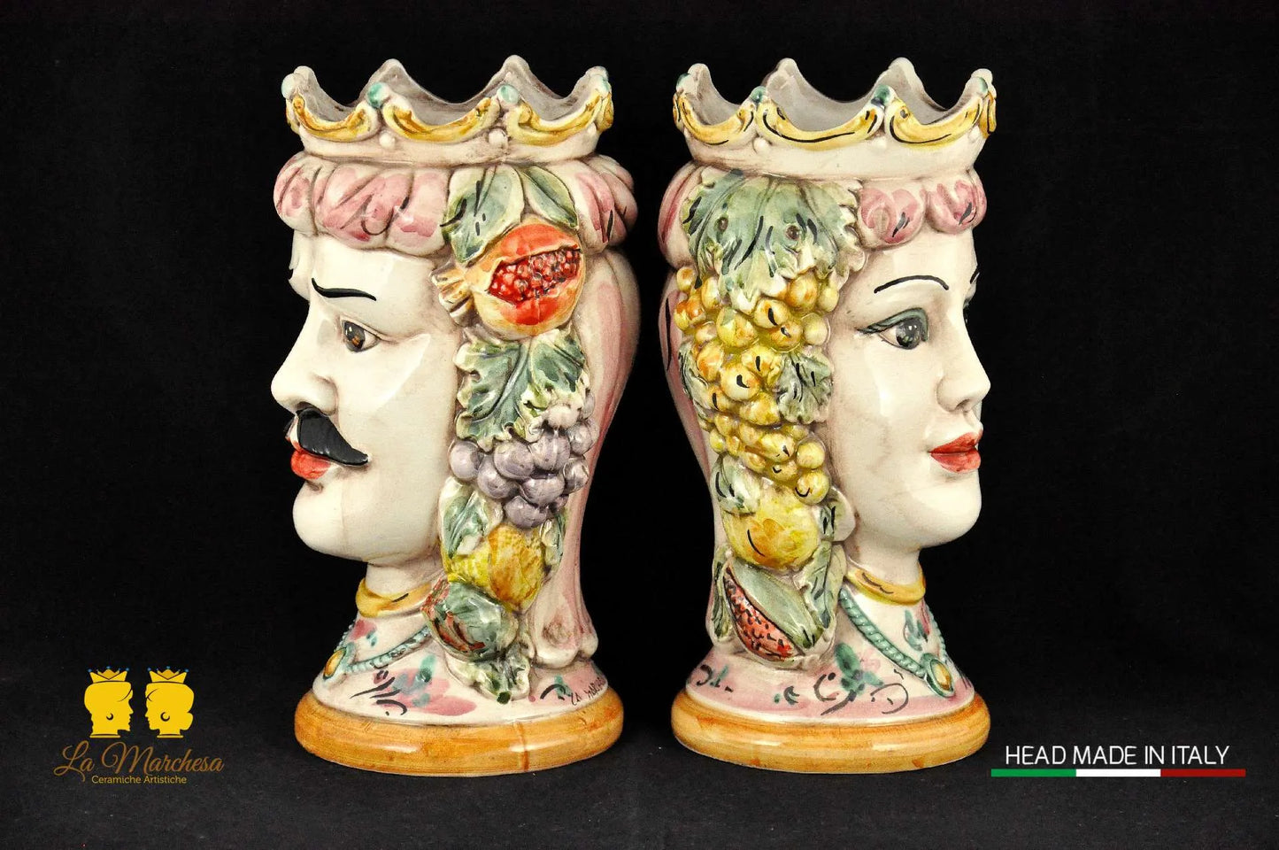 Teste di Moro in ceramica di Caltagirone Corona e frutta fumè h27