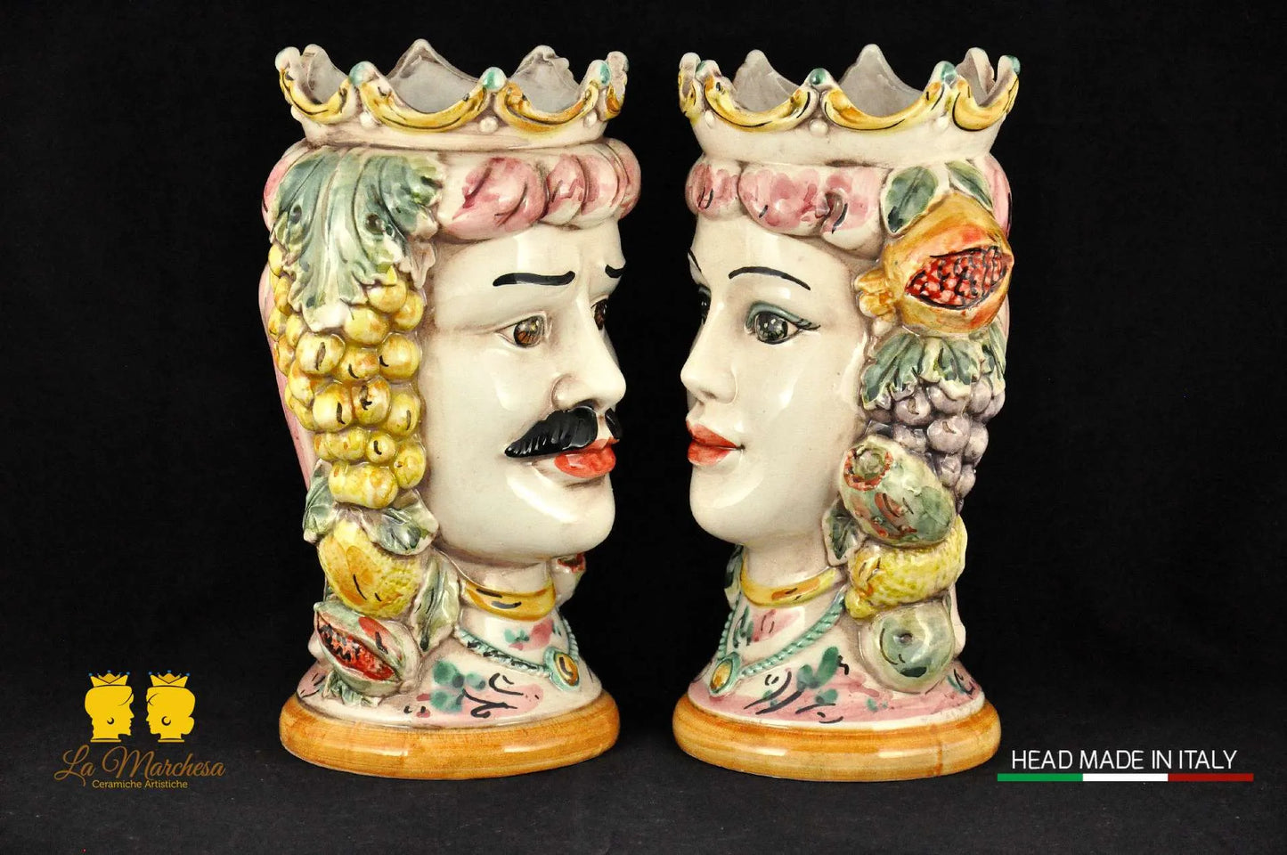 Teste di Moro in ceramica di Caltagirone Corona e frutta fumè h27