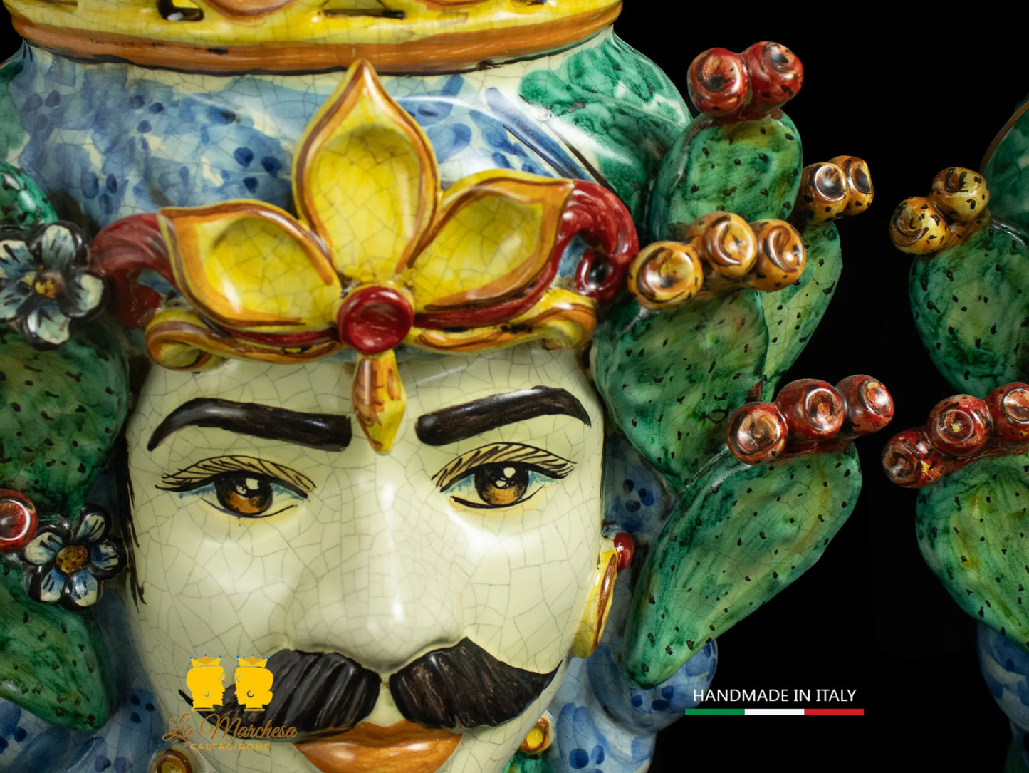 Teste di Moro in Ceramica di Caltagirone Etna celeste fichi d'india craquelé 34cm