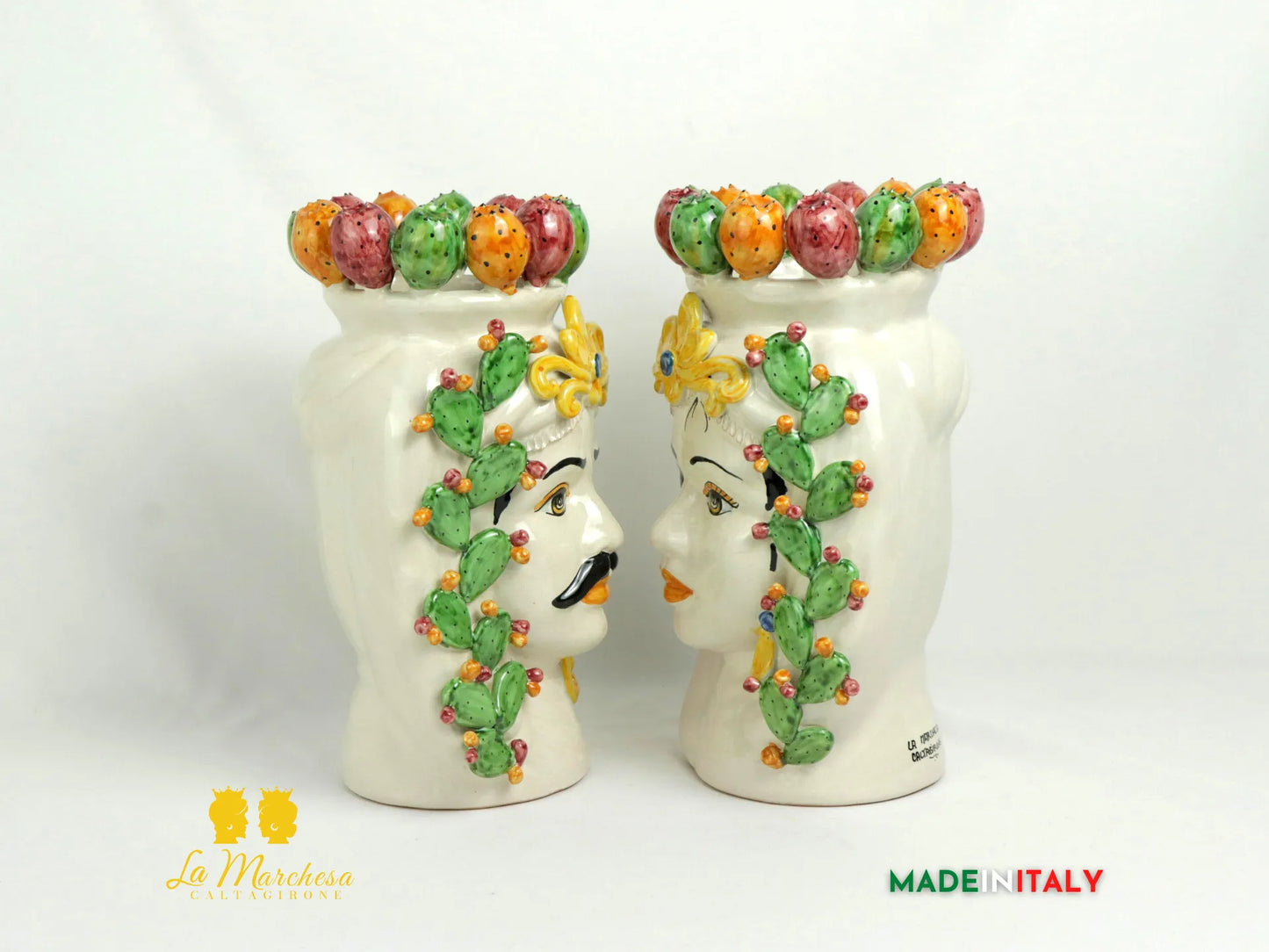 Teste di Moro in ceramica di Caltagirone con corona fichi d'india 31cm