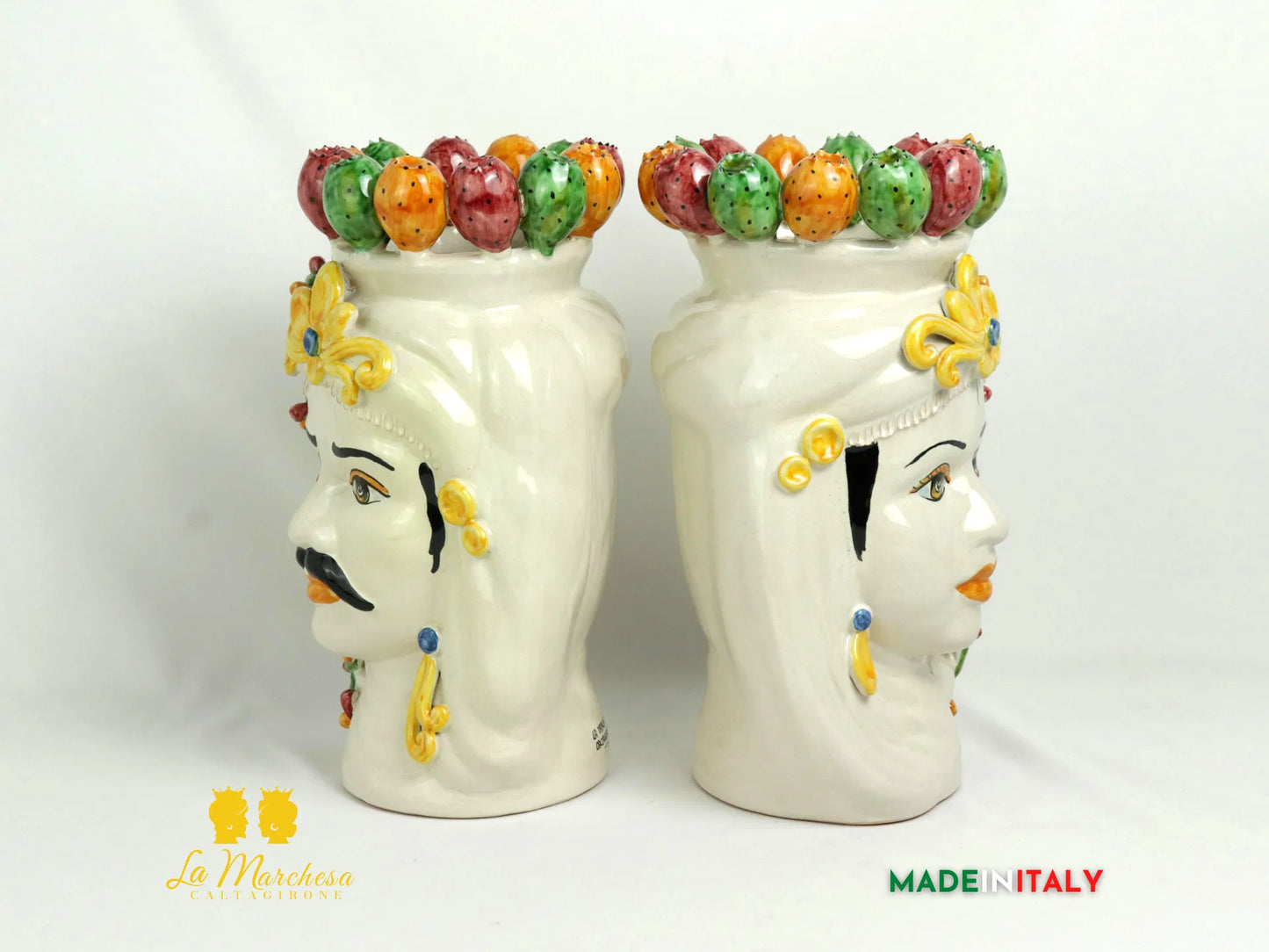 Teste di Moro in ceramica di Caltagirone con corona fichi d'india 31cm