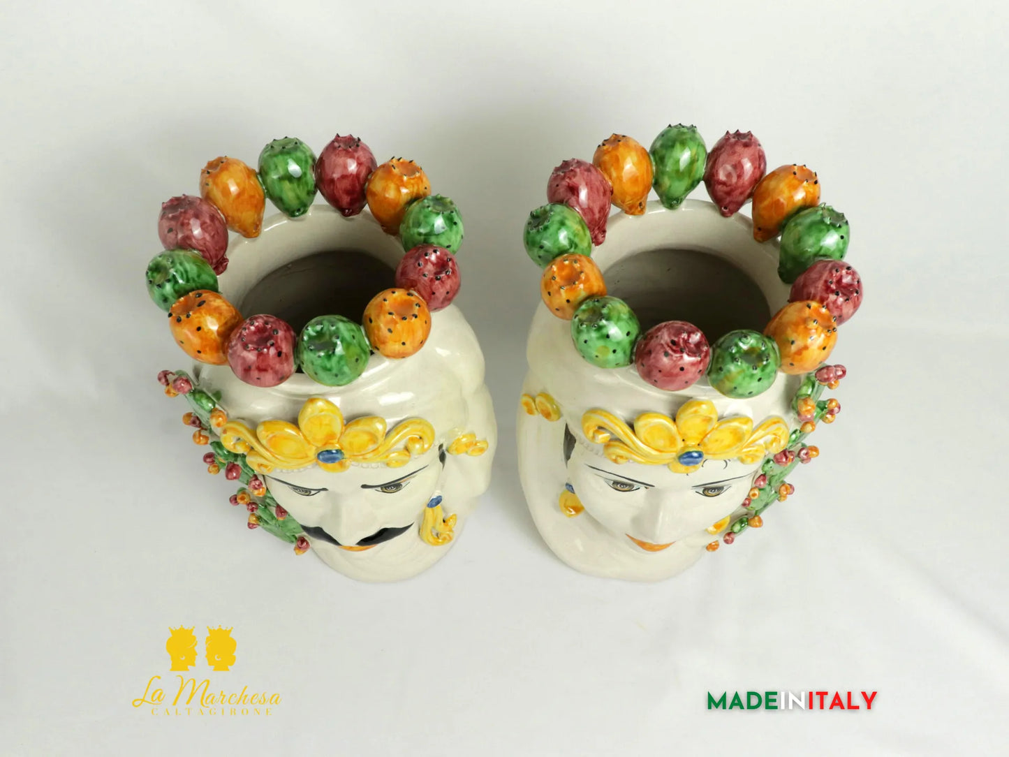 Teste di Moro in ceramica di Caltagirone con corona fichi d'india 31cm