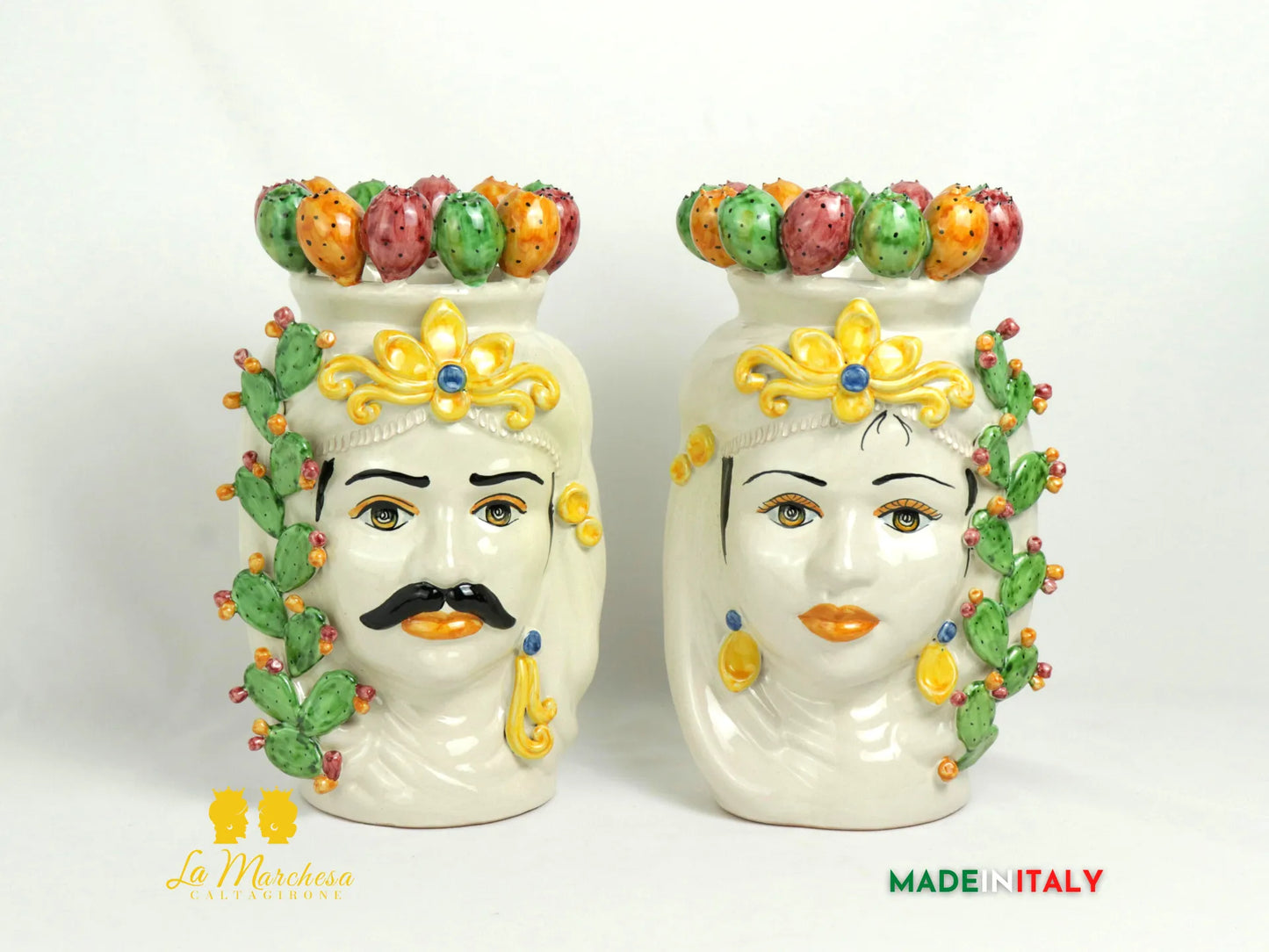 Teste di Moro in ceramica di Caltagirone con corona fichi d'india 31cm