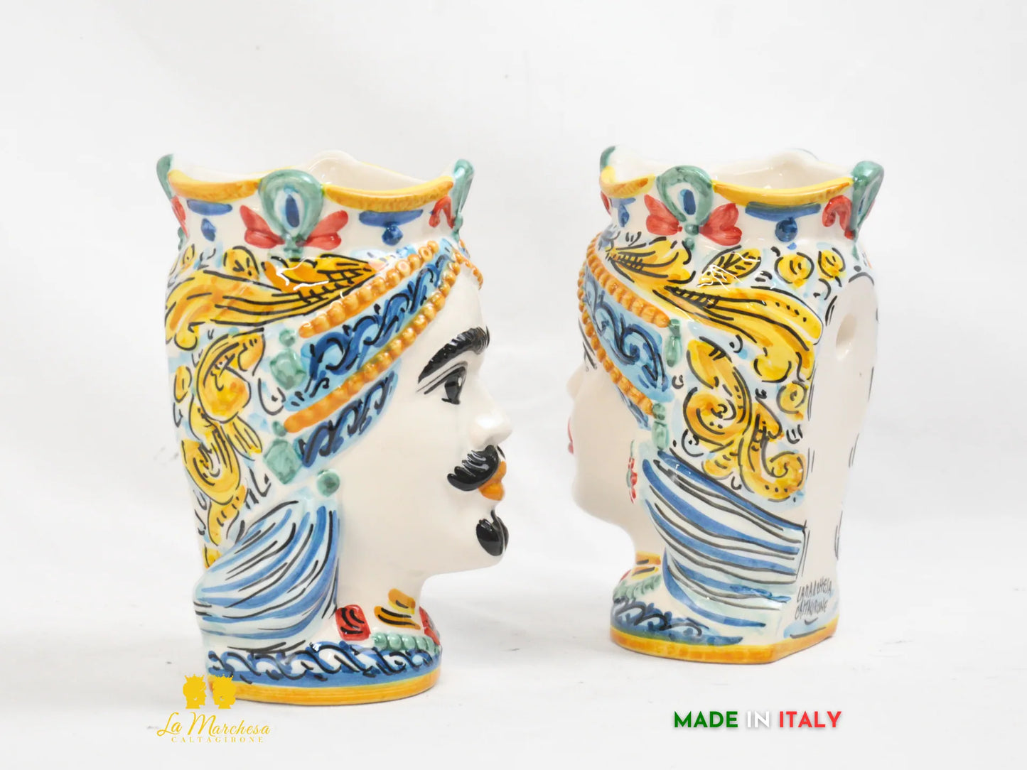 Teste di Moro da muro Ceramica di Caltagirone ornato blu antico 19cm