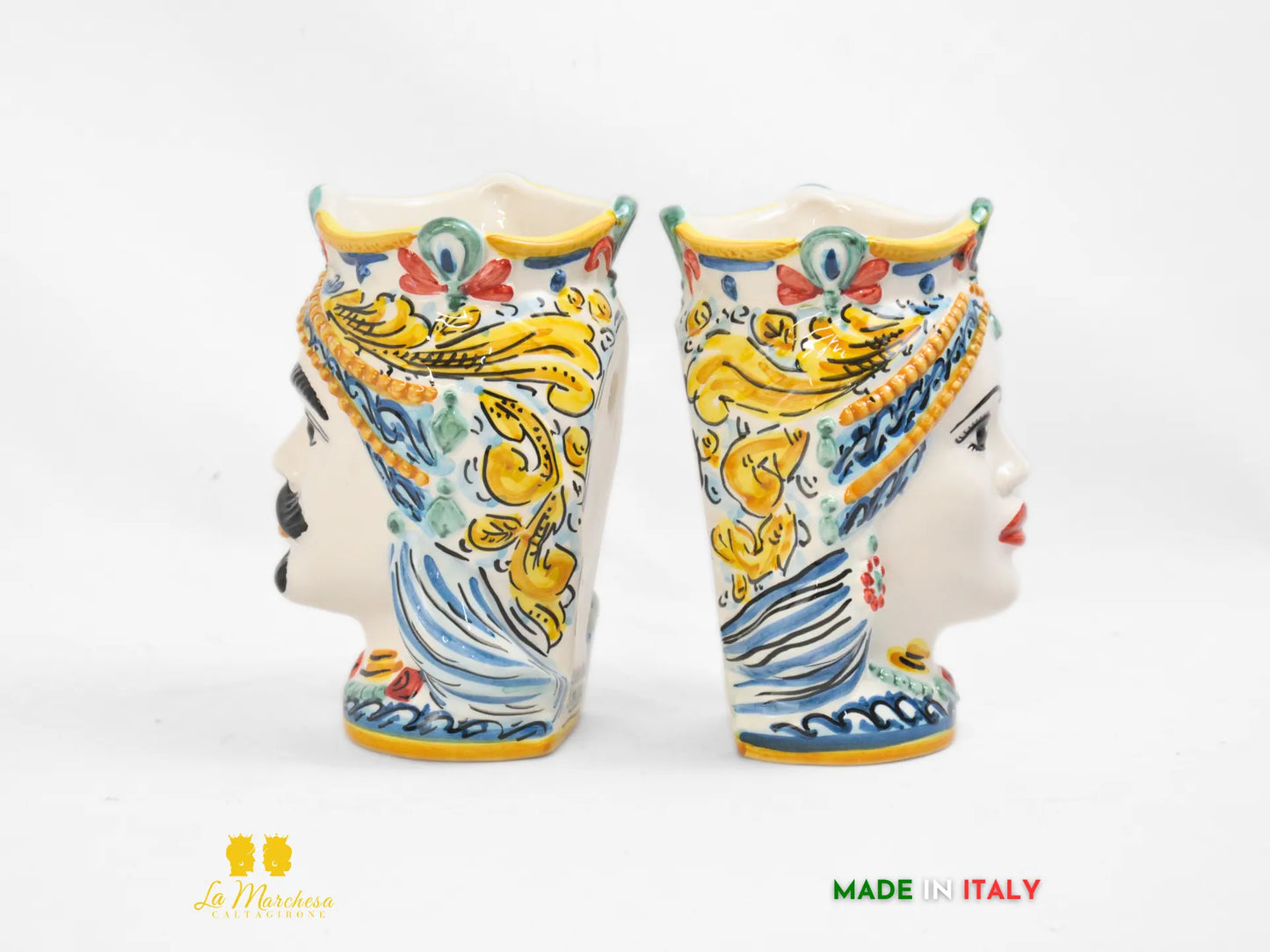 Teste di Moro da muro Ceramica di Caltagirone ornato blu antico 19cm