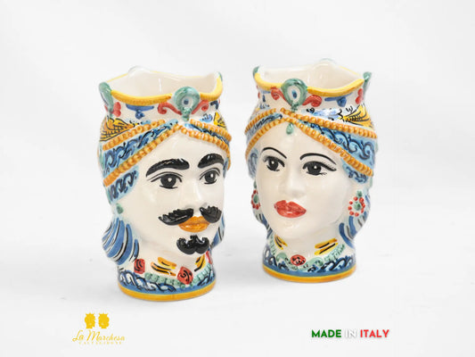 Teste di Moro da muro Ceramica di Caltagirone ornato blu antico 19cm