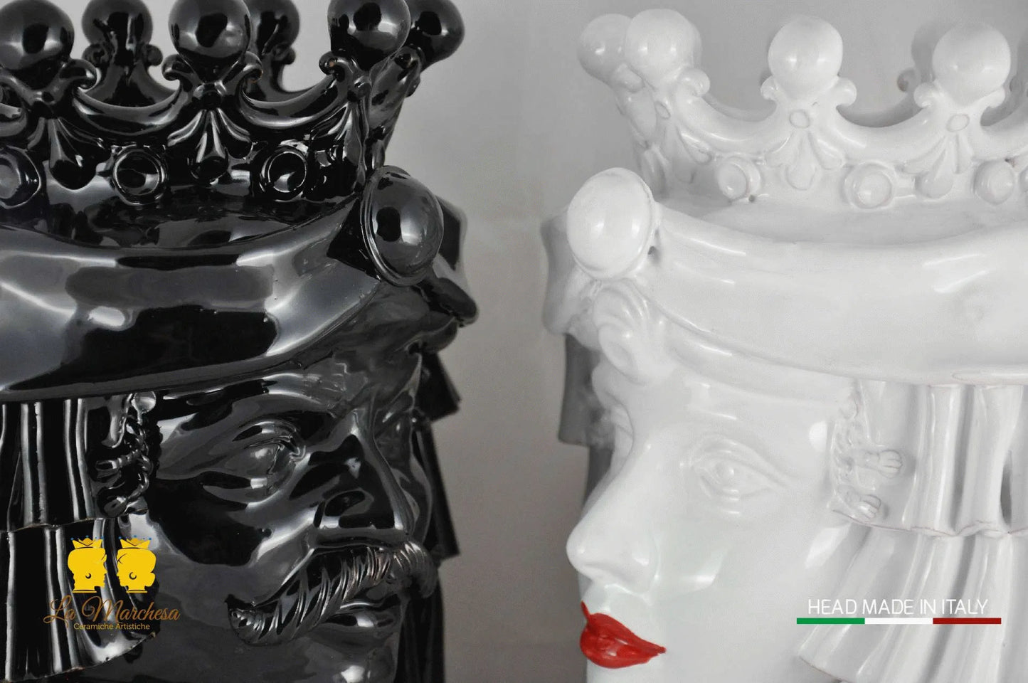 Coppia Teste di Moro Ceramica di Caltagirone panneggio Desing 33cm