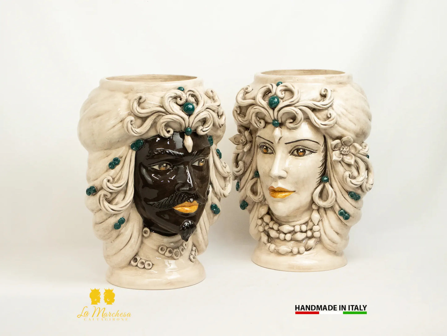 Teste di Moro in Ceramica di Caltagirone Etna fumè dettagli colorati - vari modelli