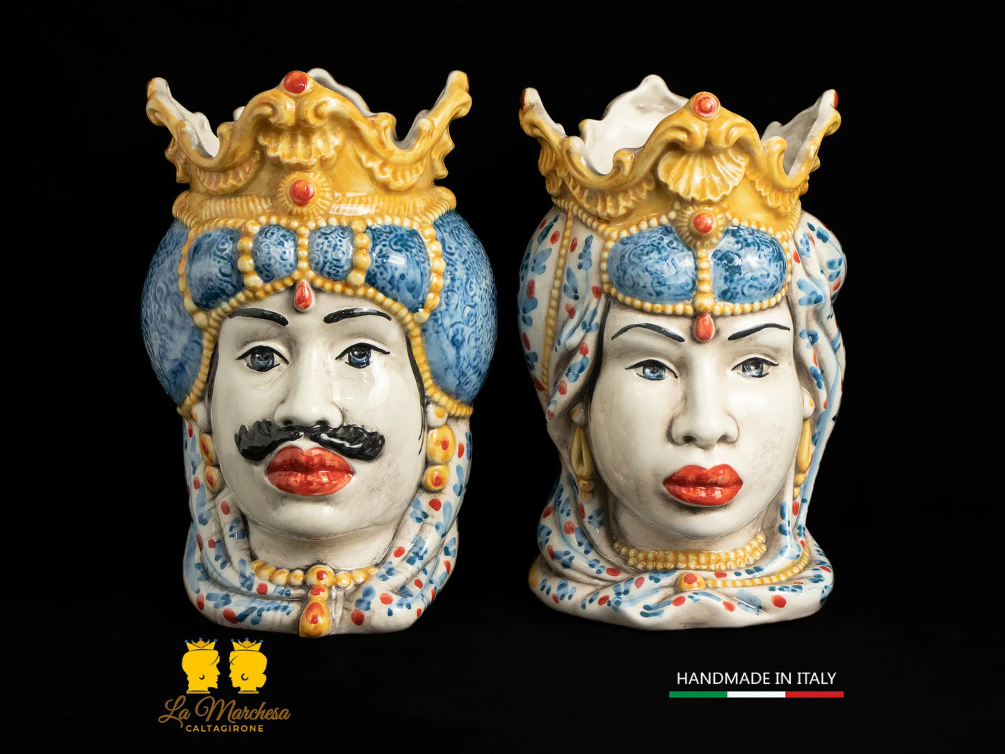 Teste di Moro Ceramica di Caltagirone Barocco decoro '600 blu antico 25cm